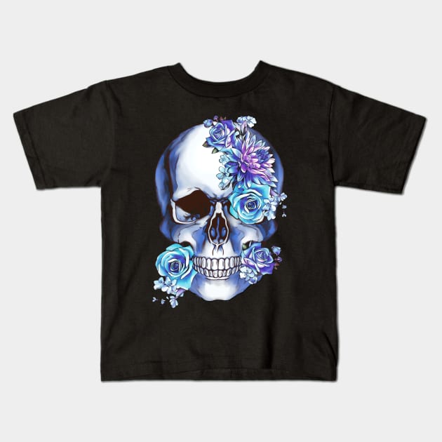 Skull blue flowers Kids T-Shirt by Collagedream